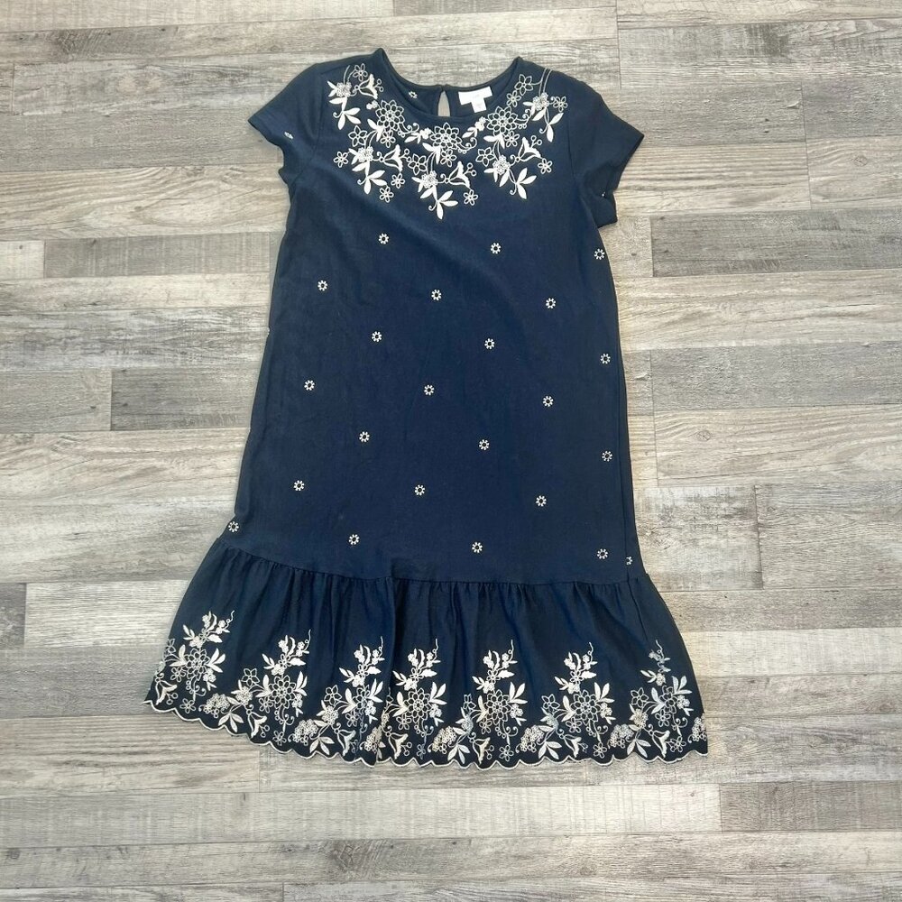 J. Jill Navy Drop Waist Embroidered Flounce Dress Size XS Short Sleeve C46